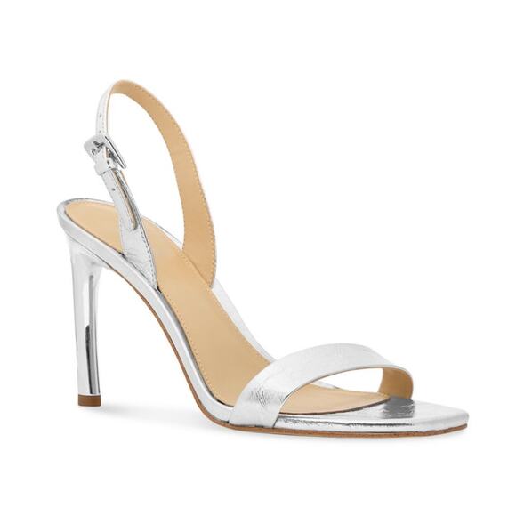 NIB Michael Kors Kasia Crackled Metallic Leather Sandal Silver 8M - Picture 1 of 10